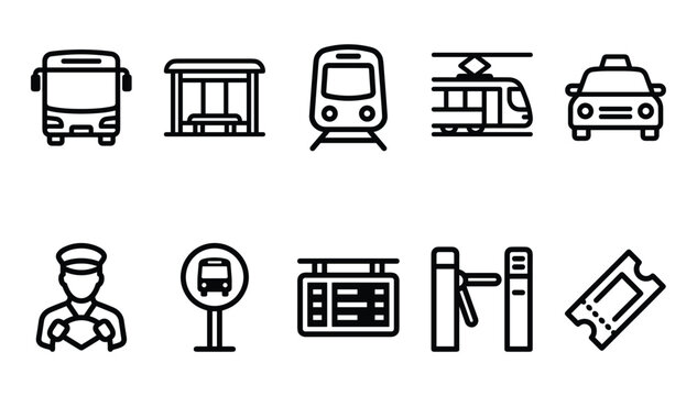 Minimalist black outline public transit icons set representing bus train taxi station timetable ticket and turnstile gates