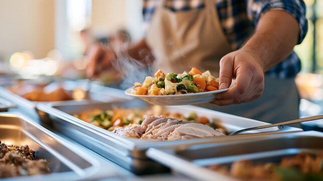 Medium view of a plus size European man in a plain apron plating hot food at a Thanksgiving community meal head outside the upper crop and hands in sharp focus as he serves
