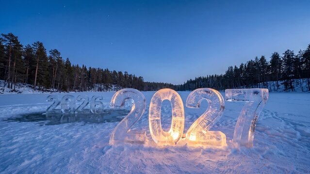 Ice sculpture numbers 2027 glowing on frozen lake with melting 2026 in snowy pine forest at twilight, winter new year photo for holiday greeting card, celebration banner and social media