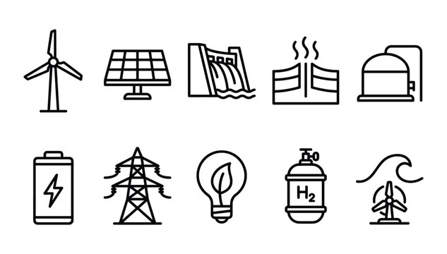 Minimalist black outline renewable energy and power generation icon set featuring solar wind hydro and clean sustainability symbols