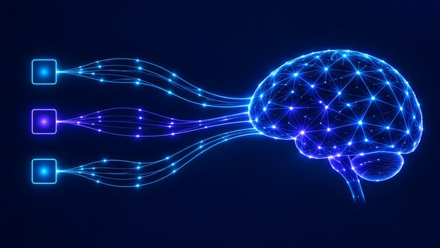 Multiple data input streams flowing from digital nodes into a glowing wireframe brain illustrating deep learning training and cognitive processing