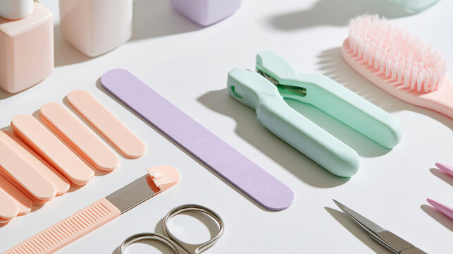 Flat lay of a pastel manicure and pedicure tool set on a clean white background pale peach toe separators and a lilac nail file arranged beside mint handled clippers and a soft