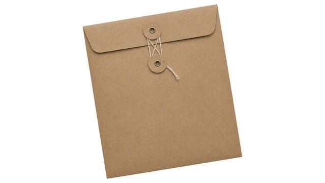 Angled top view of a blank brown kraft paper envelope with a flap, metal eyelets, and white string tie closure, isolated on a transparent background for packaging or mail concepts.