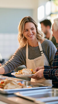 Medium side view of a volunteer serving a Thanksgiving plate to an older European man at a community kitchen counter composition cropped from the shoulders downward to emphasize