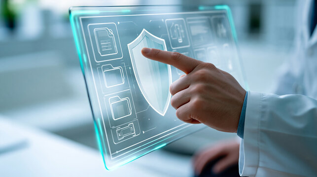 Close side view of a doctor's hand touching a translucent shield icon on a conceptual medical glass screen cropped white coat sleeve below a clear interface containing simple