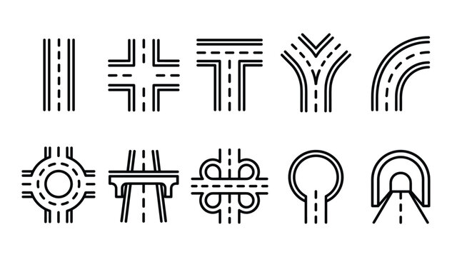 Minimalist black outline road infrastructure icons set representing intersection highway bridge roundabout tunnel and street map layouts