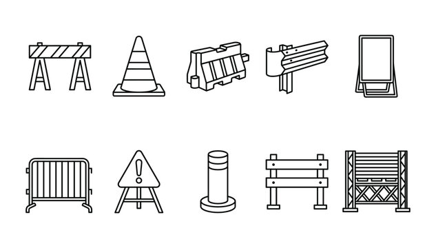 Minimalist black outline road safety construction barrier icon set featuring traffic cones warning signs and block symbols