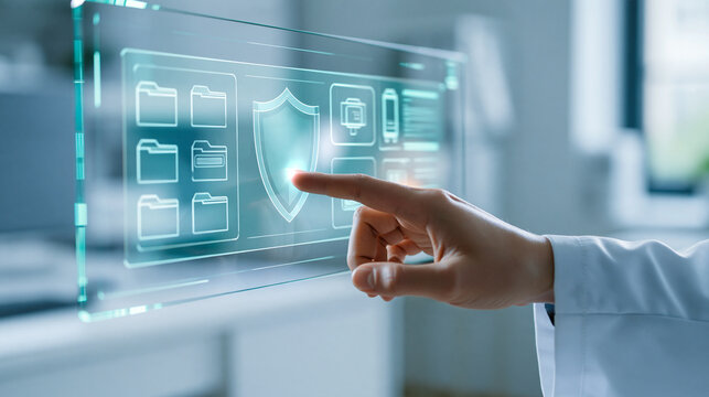Close side view of a doctor's hand touching a translucent shield icon on a conceptual medical glass screen cropped white coat sleeve below a clear interface containing simple