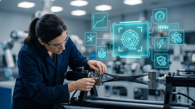 Female biomechanics engineer in blue lab coat and safety goggles adjusting a carbon nanotube artificial ligament in a testing machine with futuristic holographic data overlays
