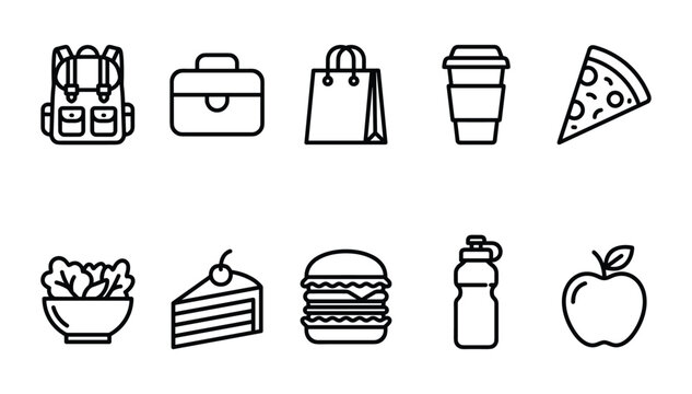 Minimalist black outline school and lifestyle elements icons set representing daily student routine and lunch break snacks