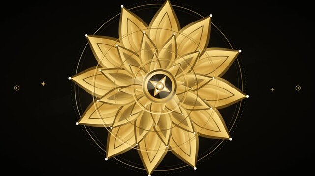 Golden Mandala Flower Rotating Smoothly on Seamless Black Background with Ornate Geometric Symmetry