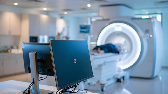 Wide view of a bright magnetic resonance imaging room during a cybersecurity status review a patient's covered lower body visible on the scanner bed while a large foreground
