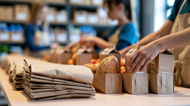 Medium high angle view of young volunteers packing food and drinks into paper bags for a housing support charity composition framed below the shoulders with hands placing plain