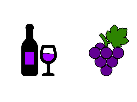 Wine bottle, glass, and purple grape bunch vector icon set, simple doodle illustration isolated on white background