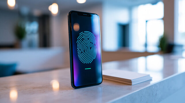 Smartphone standing upright on a clean medical clinic reception counter its screen displaying a large fingerprint authentication icon above a simple green status indicator pale