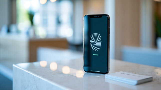Smartphone standing upright on a clean medical clinic reception counter its screen displaying a large fingerprint authentication icon above a simple green status indicator pale