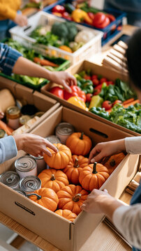 Elevated medium view of a volunteer team packing cardboard boxes with fresh autumn harvest on a wooden table hands arranging small pumpkins beside plain canned goods and healthy