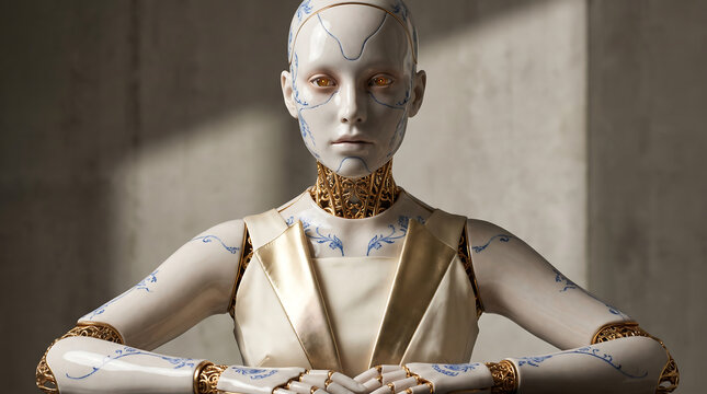Artistic portrait of elegant humanoid female robot with detailed mechanical face and ornate golden jewelry, sitting in contemplative pose against soft textured background, representing futuristic fash