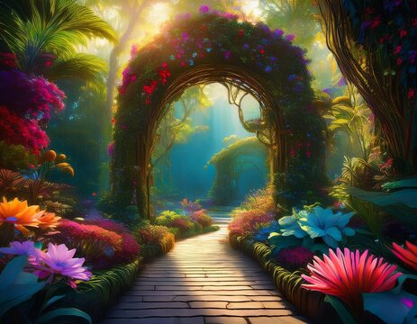 a beautiful secret fairytale garden with flower arches and beautiful tropical forest with colorful vegetation