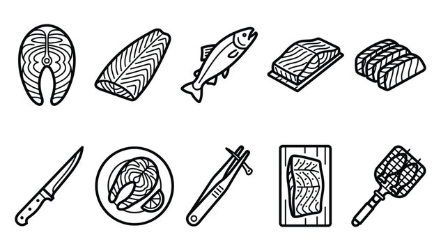 Minimalist black outline seafood icons set representing salmon steak fillet whole fish knife tweezers and grill rack
