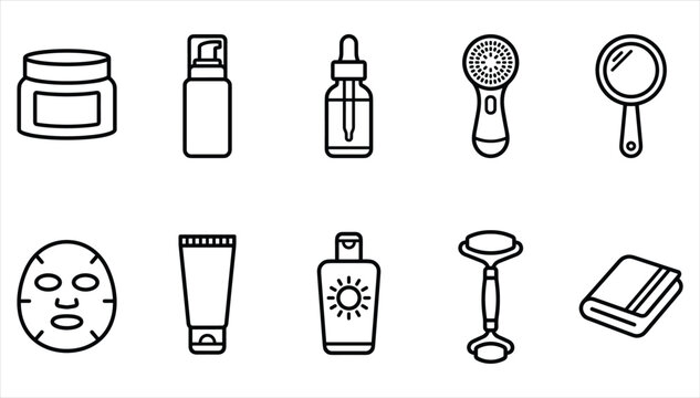 Minimalist black outline skincare beauty cosmetic and facial wellness icon set featuring treatment tools