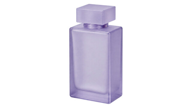 Lavender tinted rectangular glass perfume bottle with a large square cap, shown upright in a clean isolated product composition with soft translucent reflections.