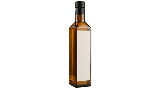 Tall amber glass bottle with a black sealed cap and a large blank rectangular label, shown upright as an isolated product packaging mockup with transparent background.