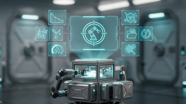 Photorealistic futuristic robot droid processing biological waste in a high-tech laboratory with a glowing blue holographic control interface