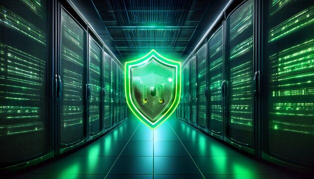a high tech server room with glowing green lights and a digital shield symbol representing cybersecurity and data protection