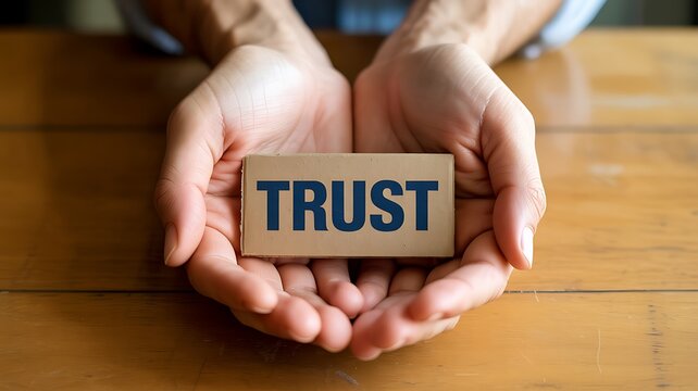 Hands Holding a Wooden Block with the Word Trust