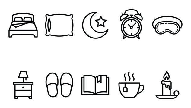 Minimalist black outline sleep time icons set representing healthy night relaxation routines and sweet dreams elements