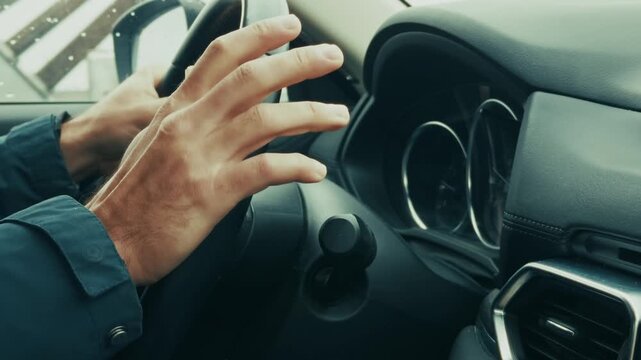 Driver Holding Steering Wheel Driving Car Automobile On Road Journey
