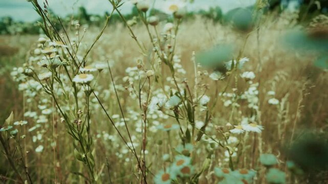 Wild Daisy Flowers Blooming in Summer Field With Soft Sunlight.  Focus Scenic Countryside Meadow 