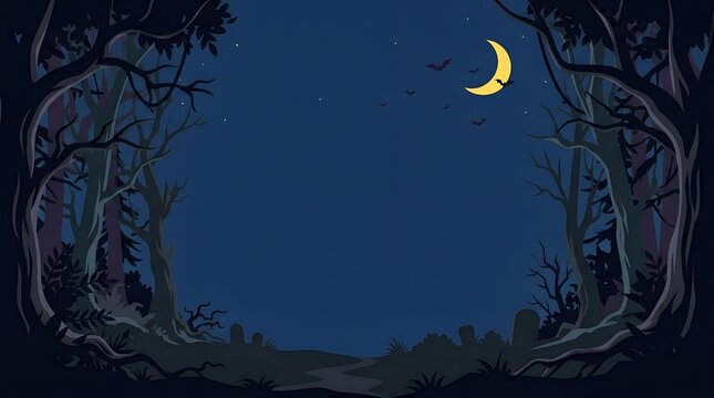 Pixel art crescent moon night scene with dark forest silhouettes and starry sky crescent landscape silhouette background illustration woodland atmospheric creative artistic environment