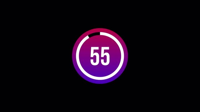  One minute countdown animation with alpha channel, 1 minute circle countdown timer from 60 to 0 second on transparent background, 60 seconds 4k countdown video