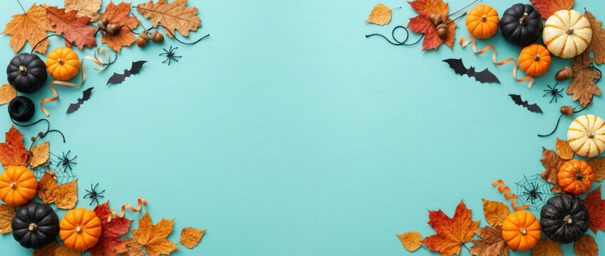 Halloween Decorative Border with Pumpkins, Autumn Leaves, Spiders, and Bats
