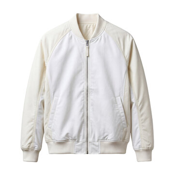 Stylish cream and white men's bomber jacket with raglan sleeves and zipper closure, high-quality fashion apparel isolated on a transparent background for easy design integration.