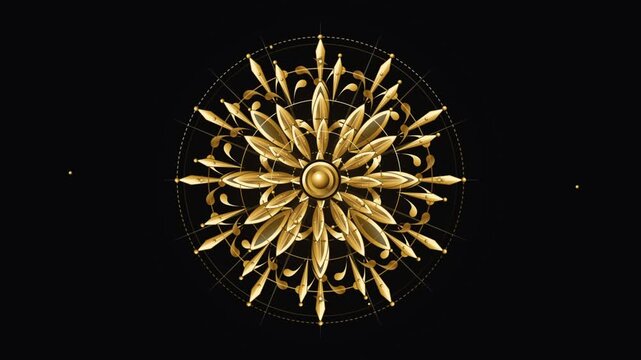 Golden ornamental mandala rotating smoothly with intricate filigree petals over black background