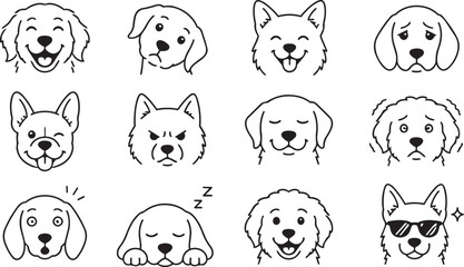 Fototapeta premium Dog head icons set showing various emotions and expressions