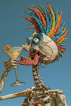 A vibrant and quirky illustration of a skeleton enjoying a martini against a teal background.
