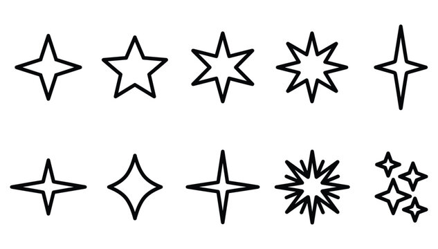 Minimalist black outline sparkle star shapes icons set representing clean spark twinkle explosion and decorative celestial symbols