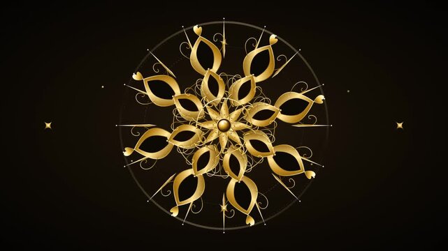 Golden ornamental mandala with geometric floral petals rotating on black background