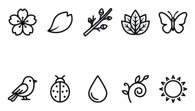 Minimalist black outline spring nature icons set representing flower petal branch butterfly bird ladybug drop sprout and sun
