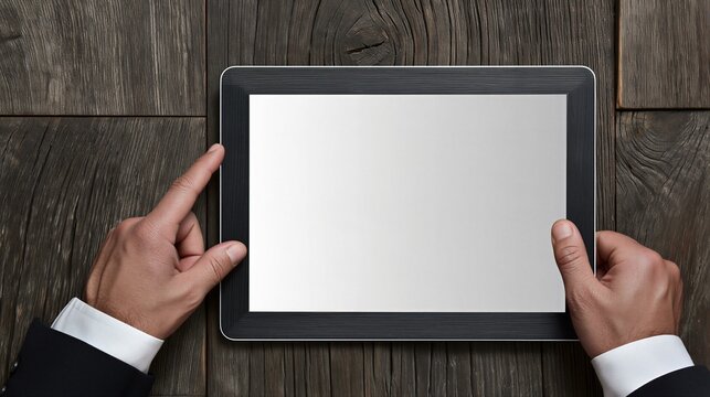 A top-down view of hands in formal attire holding a tablet, seemingly interacting with its screen.