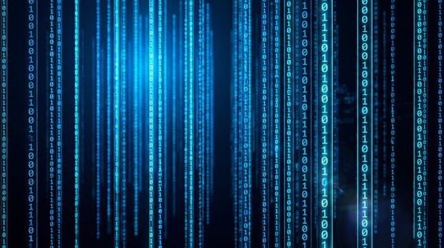 Abstract digital technology background with vertical falling blue binary code streams, glowing 0 and 1 numbers, data streaming, and cyberspace concept.