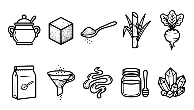 Minimalist black outline sugar production and organic sweeteners icon set featuring sugarcane beetroot and refinery symbols