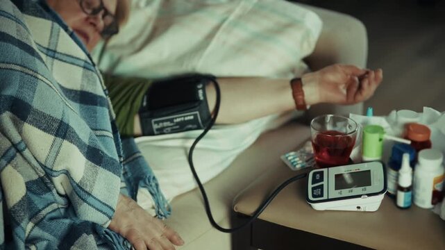 Patient Measuring Blood Pressure With Digital Sphygmomanometer Tonometer Lying On Sofa. Hypertension Control. Medicine Monitoring 