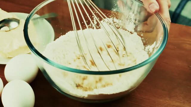 Whisking Flour In Glass Bowl With Wire Whisk. Preparing Dough For Baking Cake 