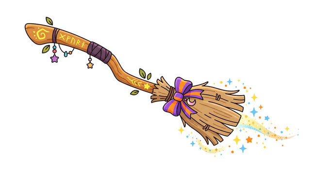 Cute witch's broom with purple bow halloween