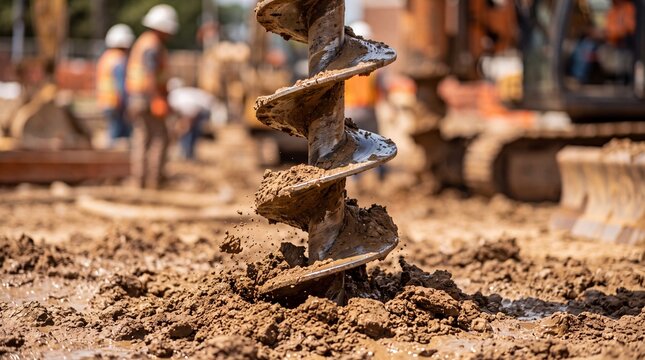 Large heavy machinery drilling equipment auger bit digging deep into muddy clay soil on a busy industrial construction site with workers and heavy trucks blur